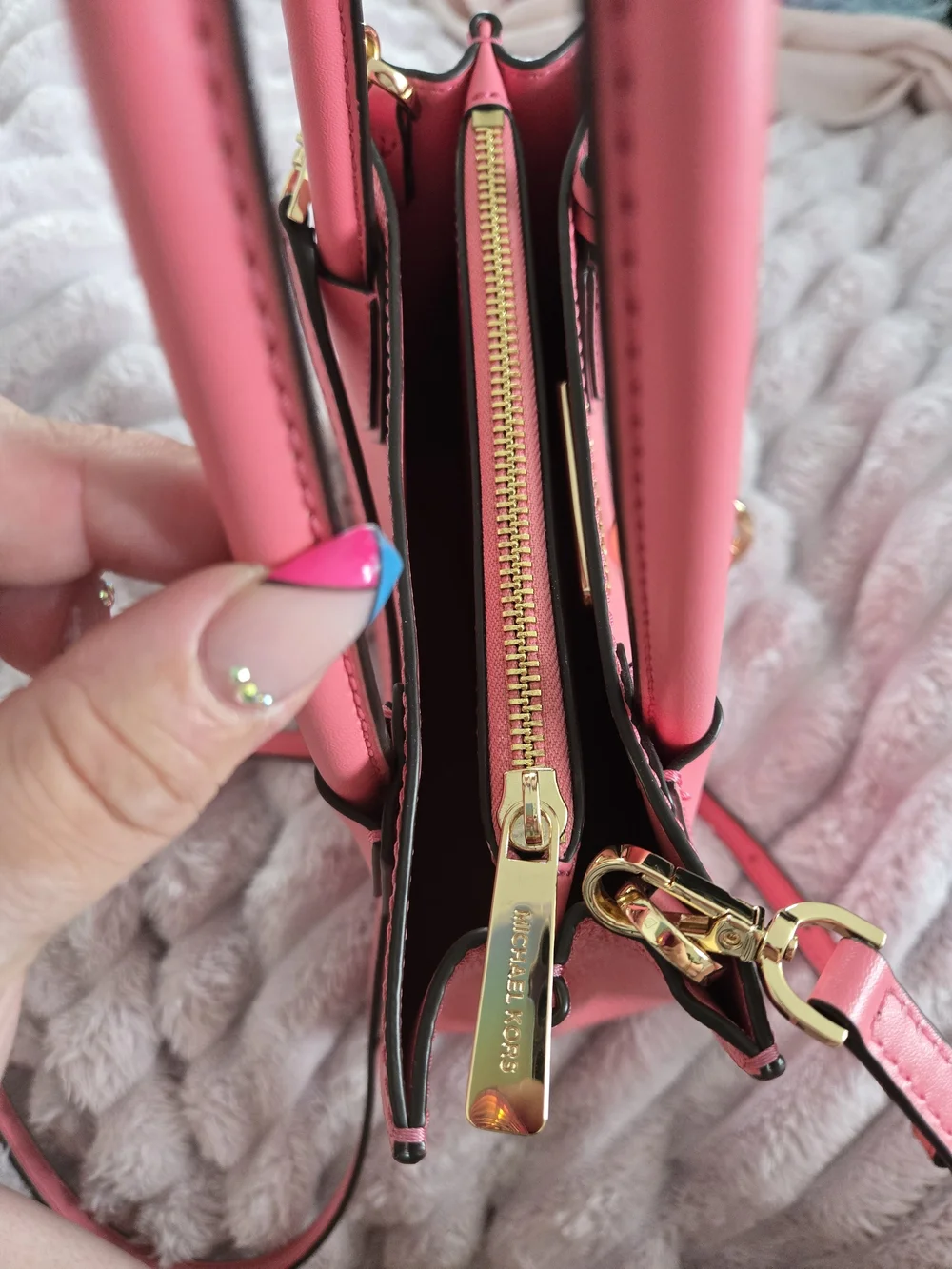 Michael Kors Coral Pink Saffiano Satchel with Gold MK Charm